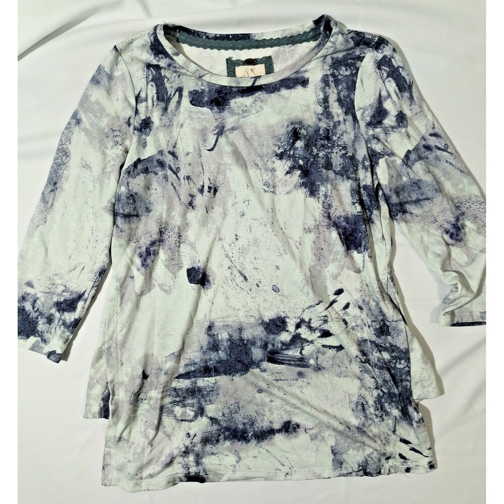 Cupio Womens Medium Blue Gray Abstract Print Tunic Top 3/4 Sleeve Lace Trim